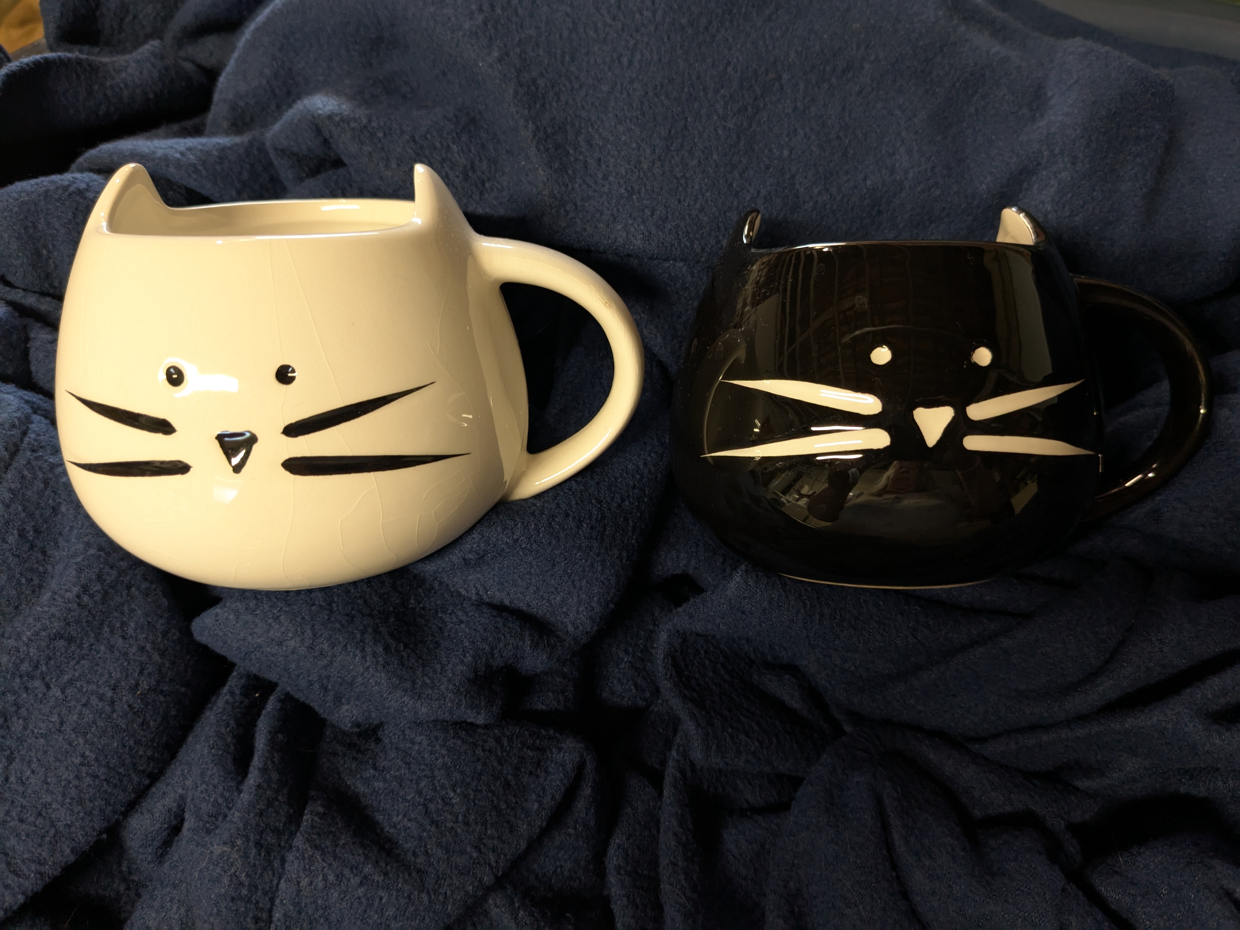Koolkatkoo Cat Mugs, 2, one black, one white. Super cute! (Photo is a bit misleading - they are exactly the same size!)