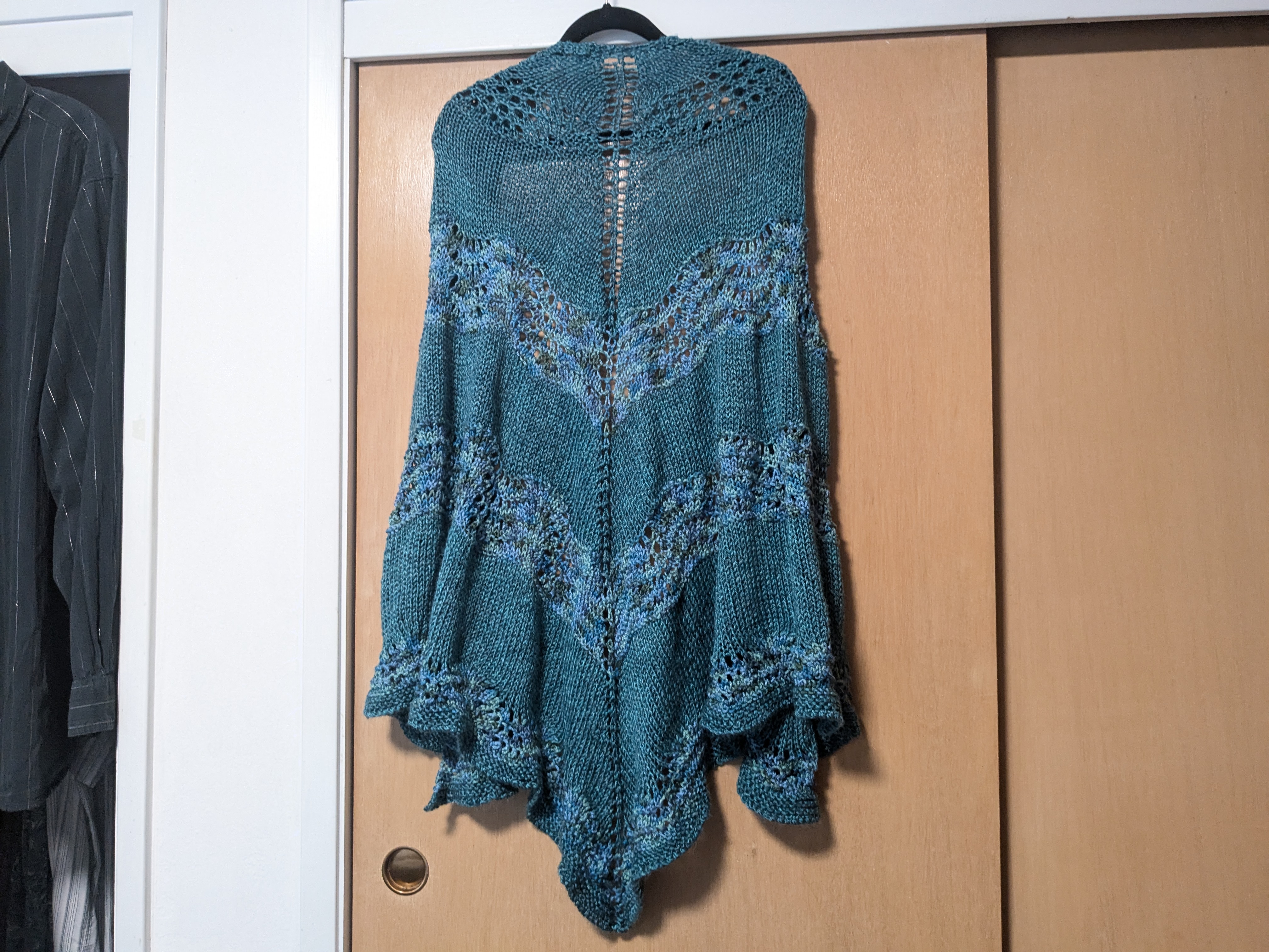 Blue/Green Hand-Knitted Triangle Shawl
