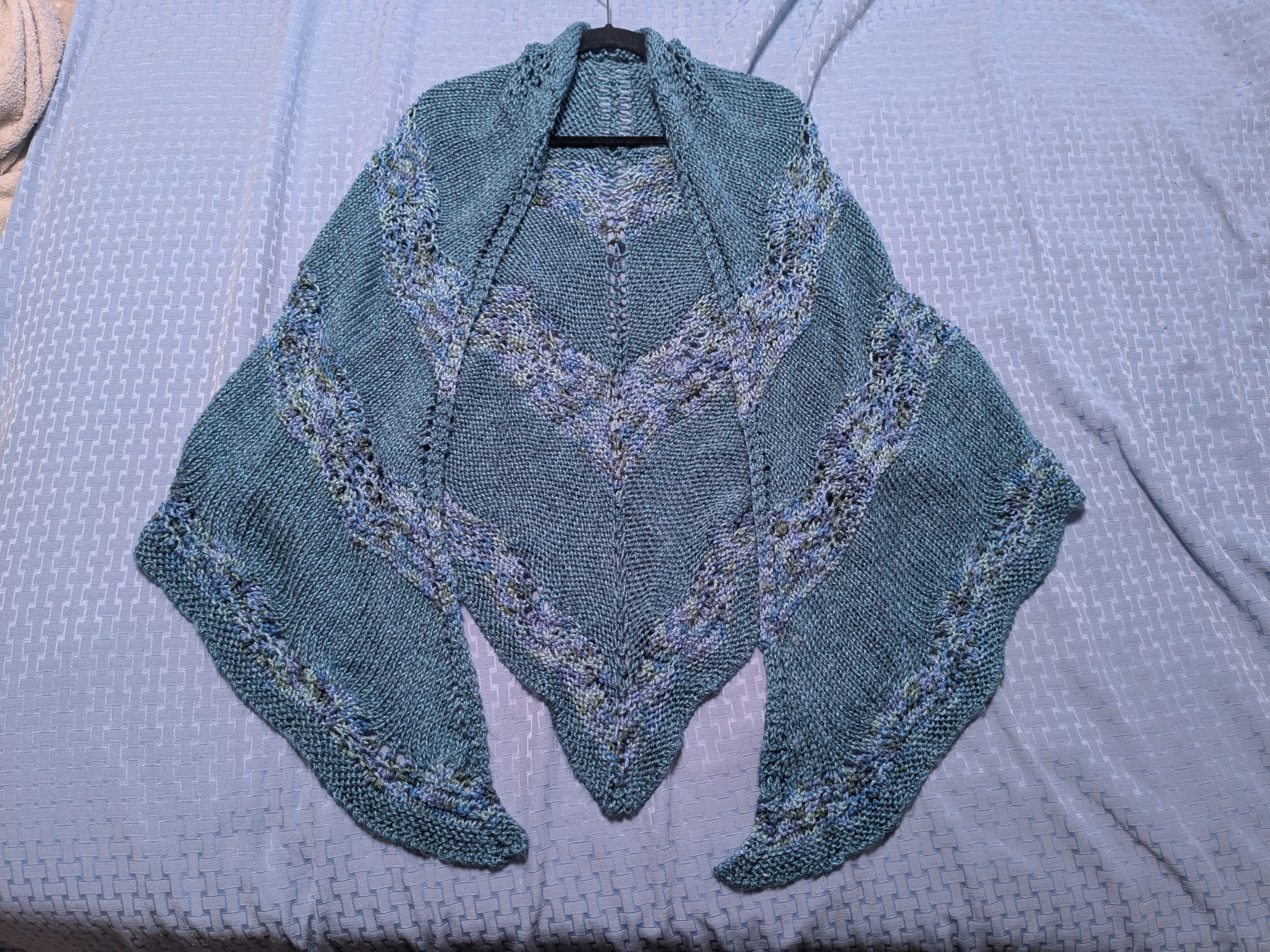 Blue/Green Hand-Knitted Triangle Shawl