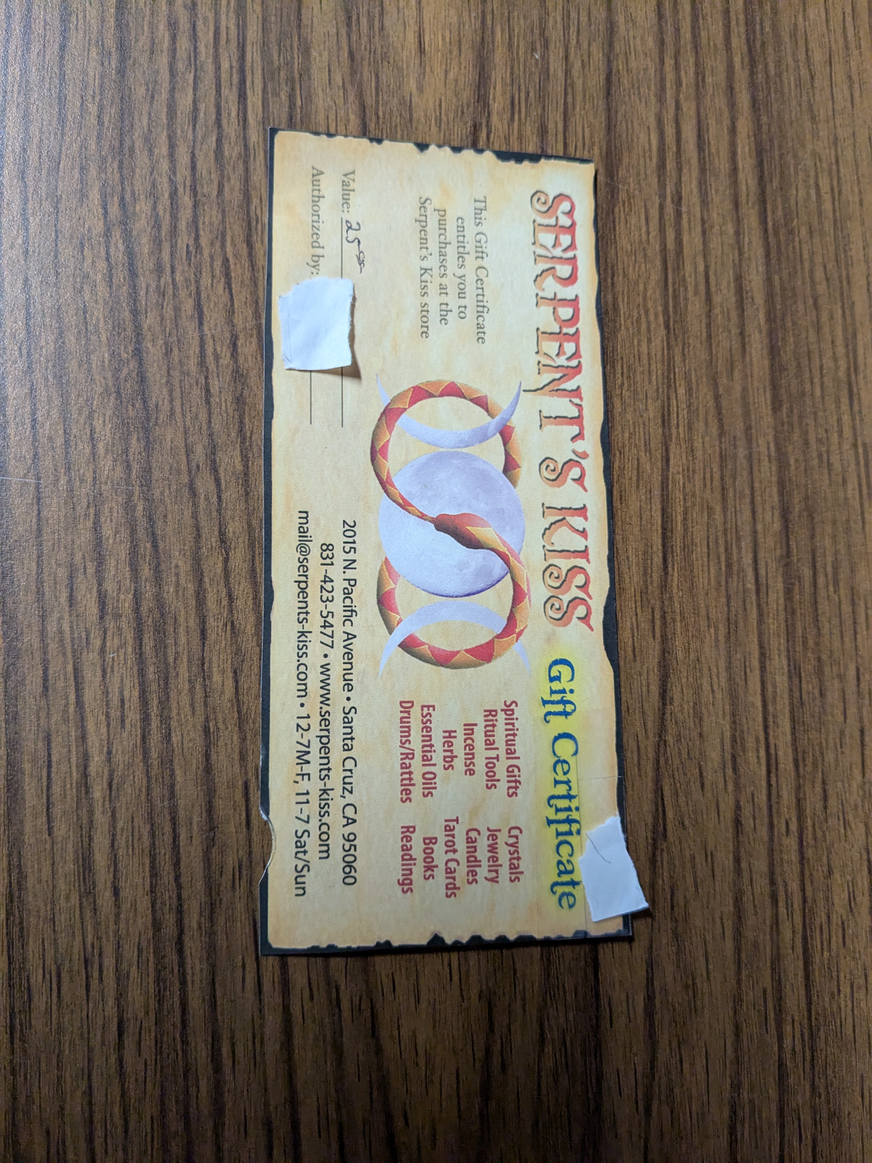 $25 Gift Certificate from Serpent's Kiss (good at Moon Kissed and Moonstone Metaphysical)