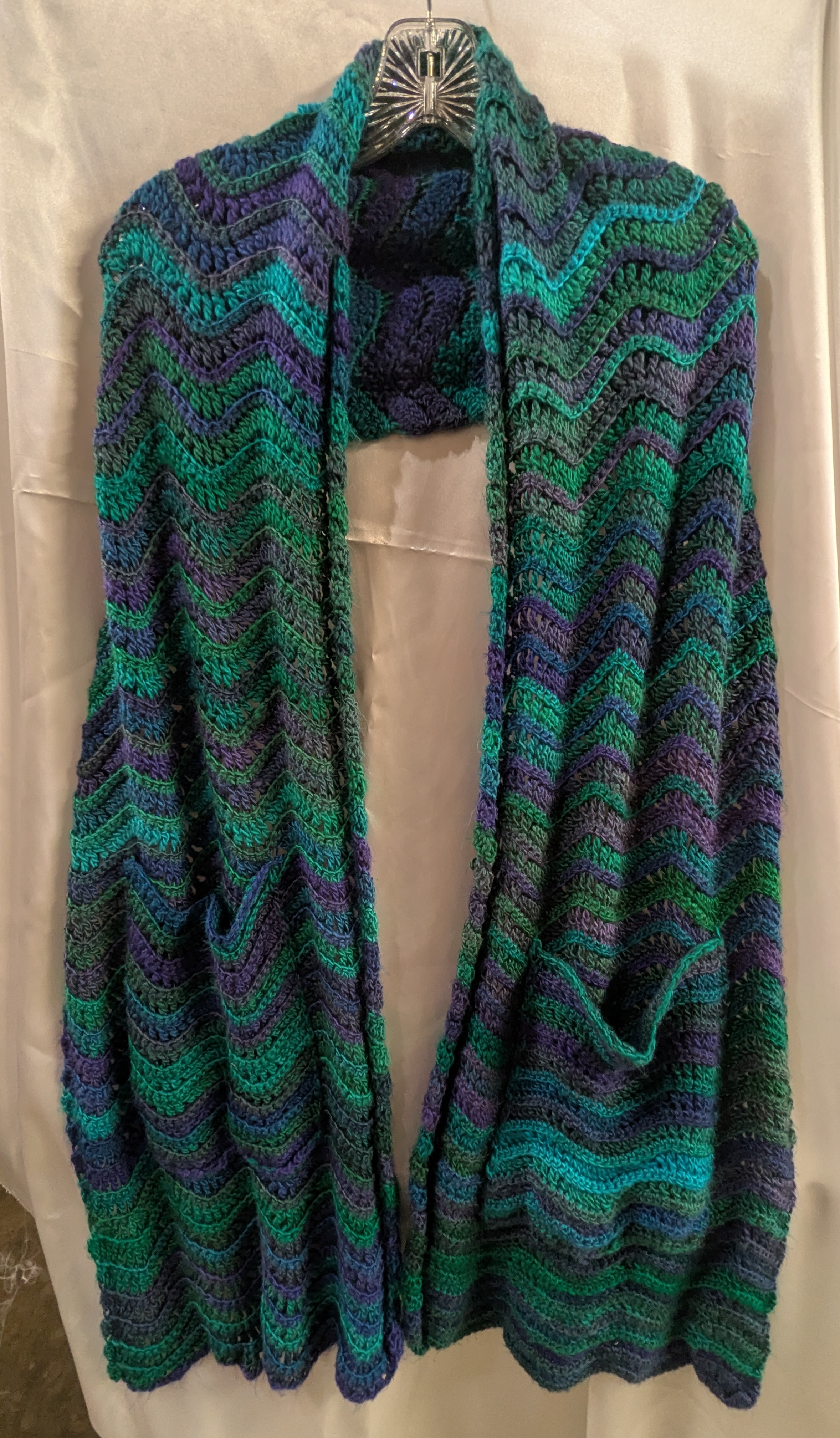Blue/Green/Purple Hand-Crocheted Zigzag Shawl, with Pockets!