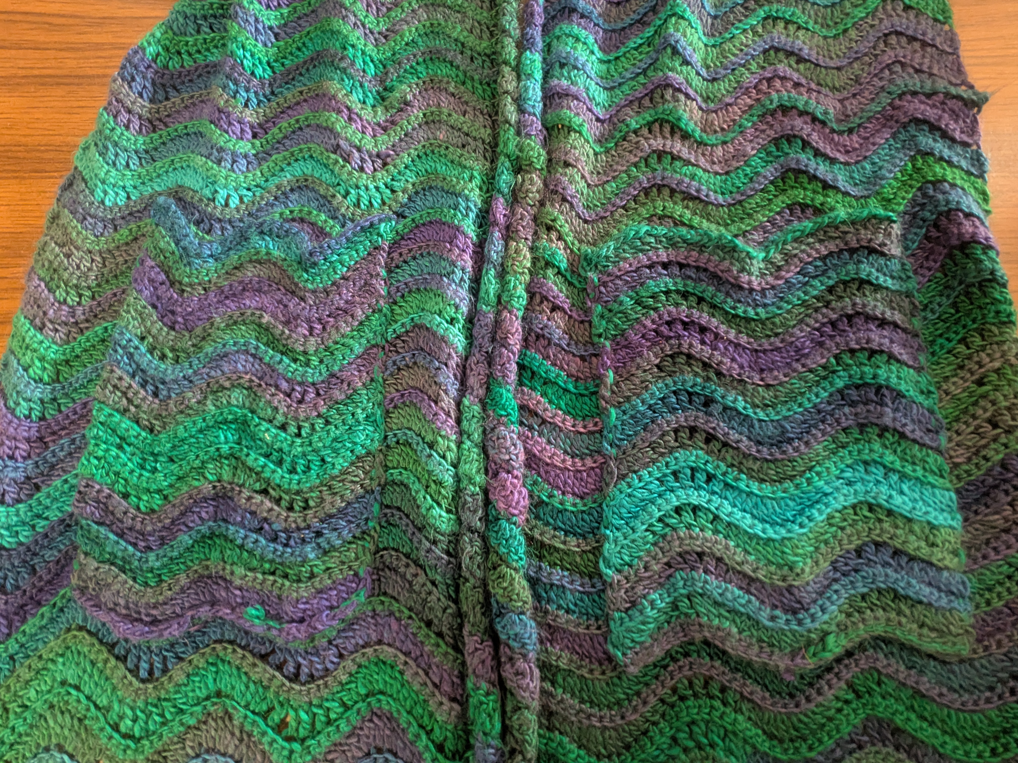 Blue/Green/Purple Hand-Crocheted Zigzag Shawl, with Pockets!
