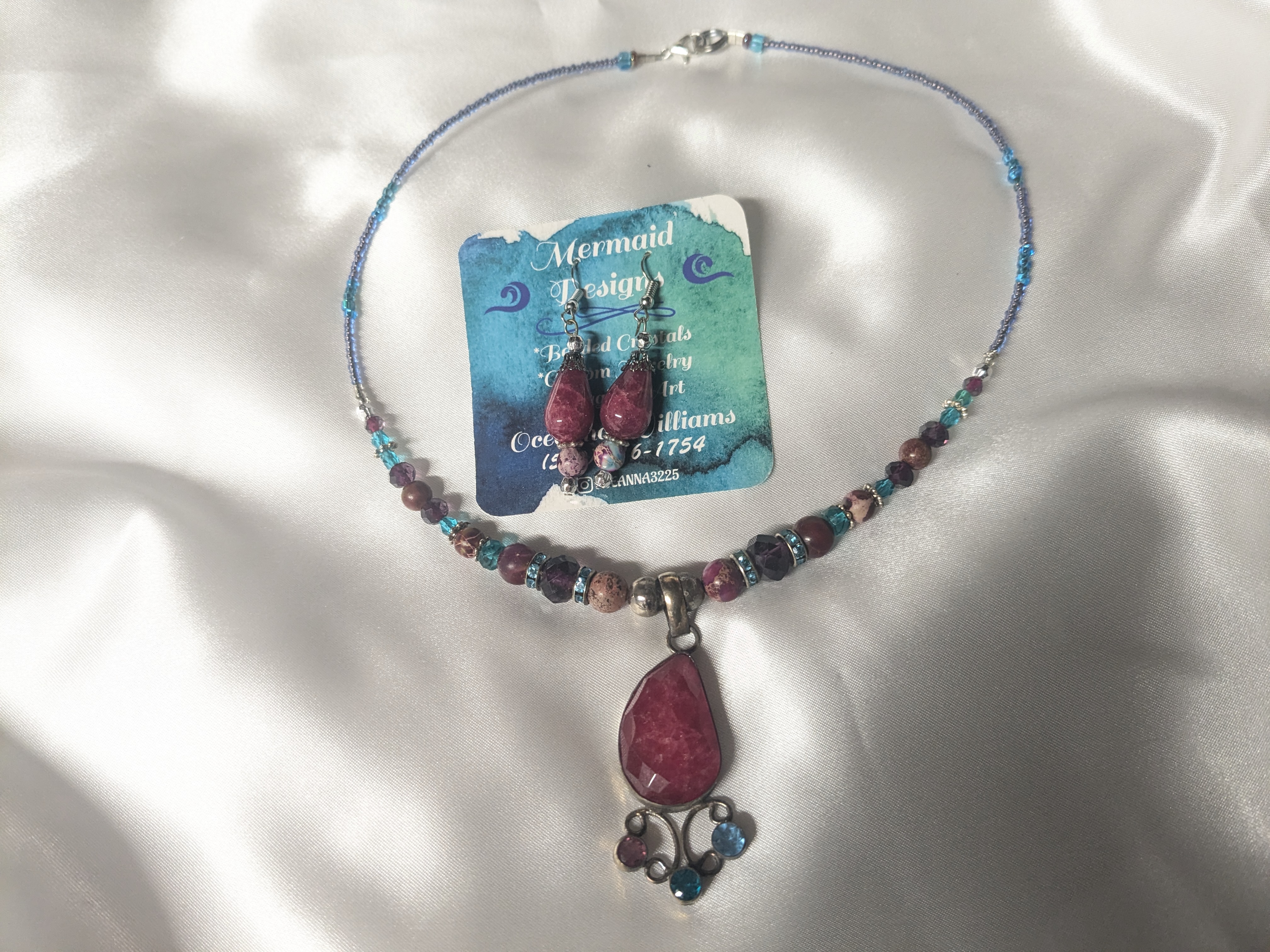 Necklace and Earrings Set, Pink Agate (dyed), made by Oceanna Williams of Mermaid Designs