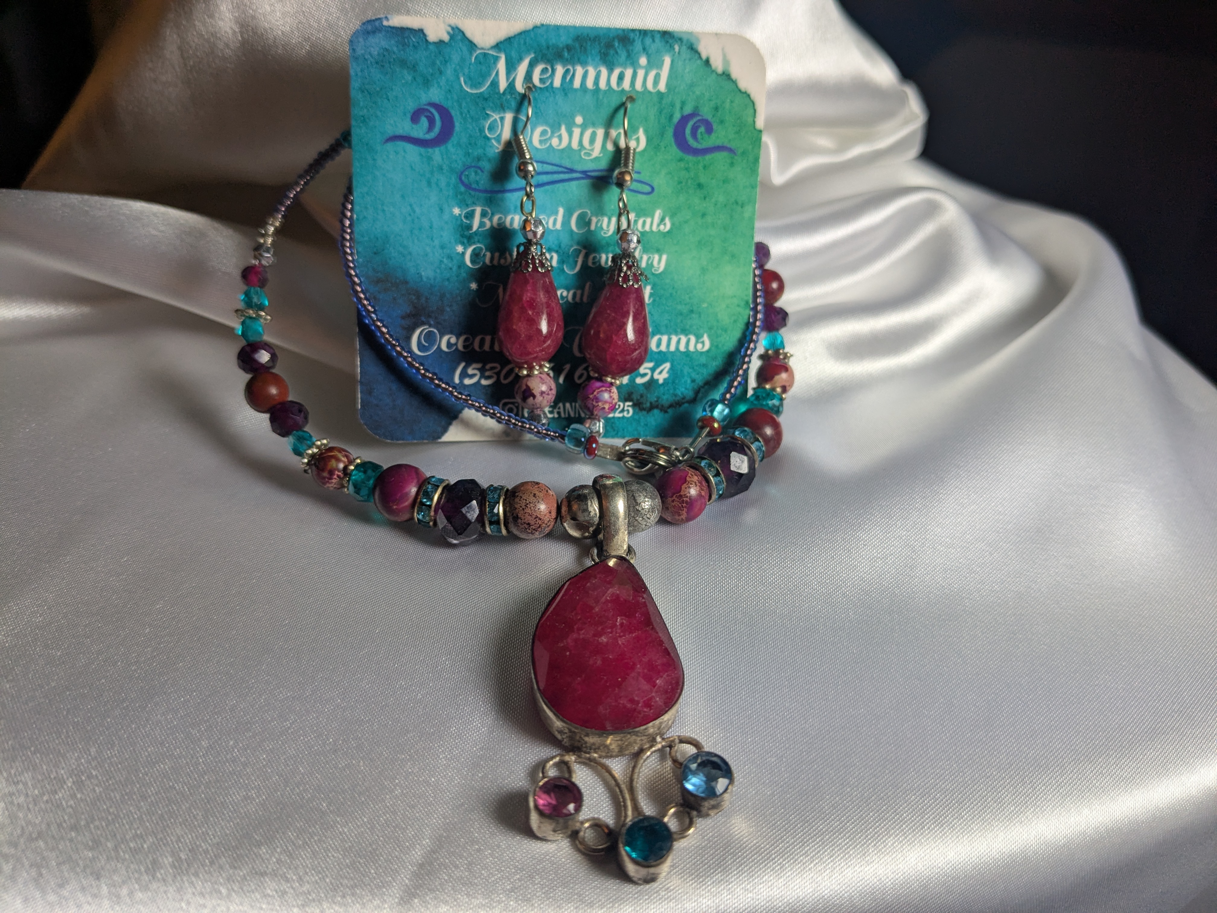 Necklace and Earrings Set, Pink Agate (dyed), made by Oceanna Williams of Mermaid Designs