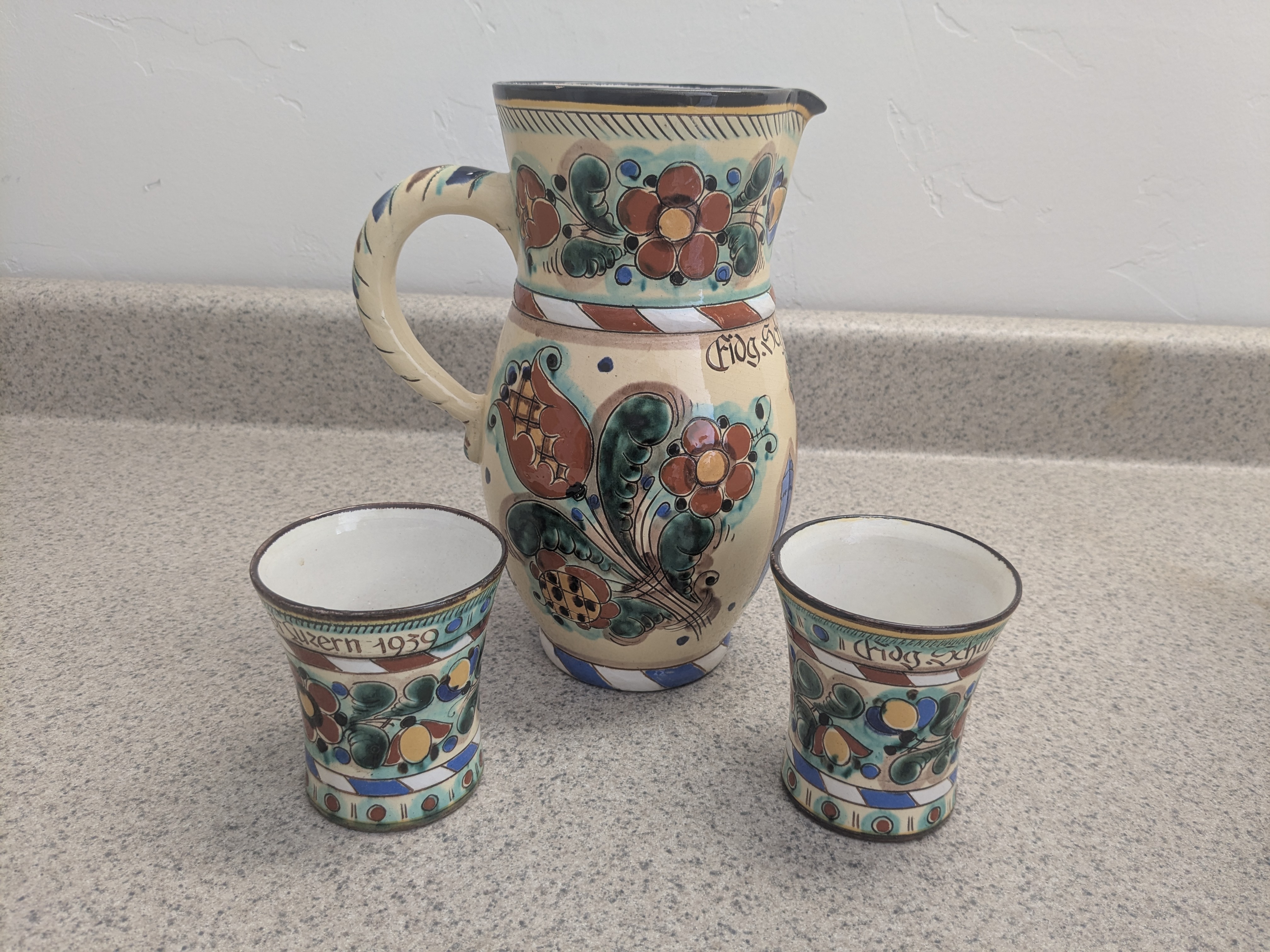 Wild Man Souvenir Beer/Water Pitcher with 2 matching drinking cups, 1939 Schutzenfest Luzern