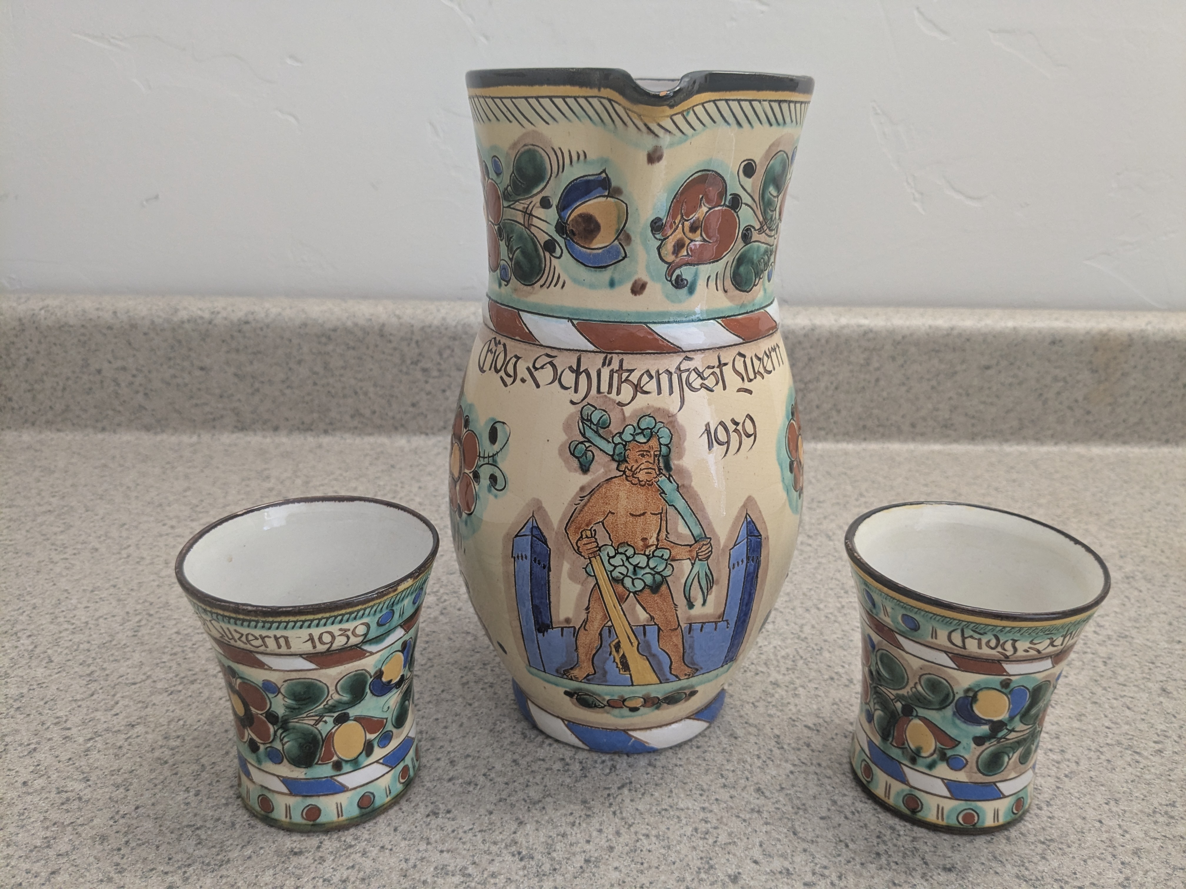 Wild Man Souvenir Beer/Water Pitcher with 2 matching drinking cups, 1939 Schutzenfest Luzern