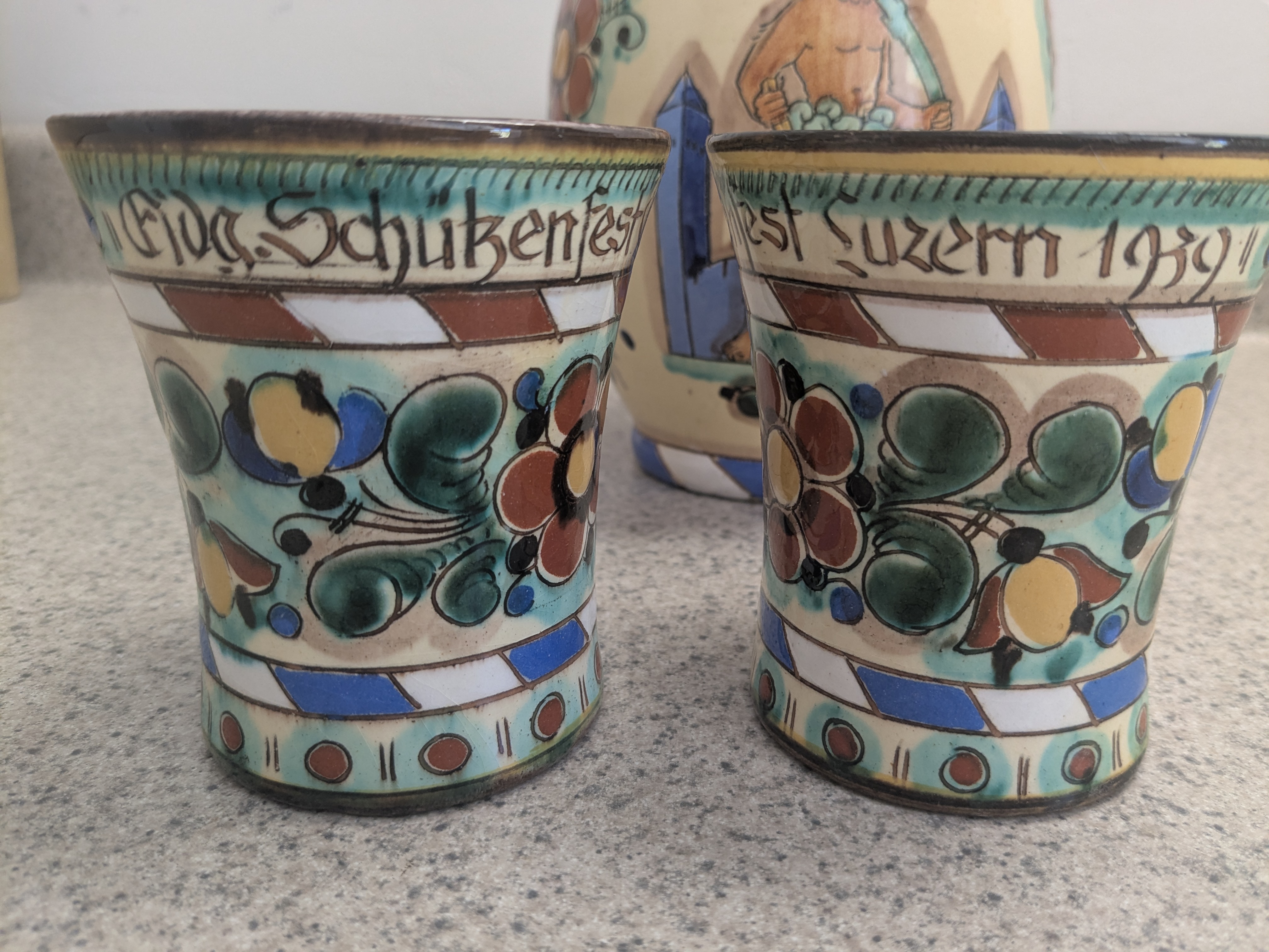 Wild Man Souvenir Beer/Water Pitcher with 2 matching drinking cups, 1939 Schutzenfest Luzern