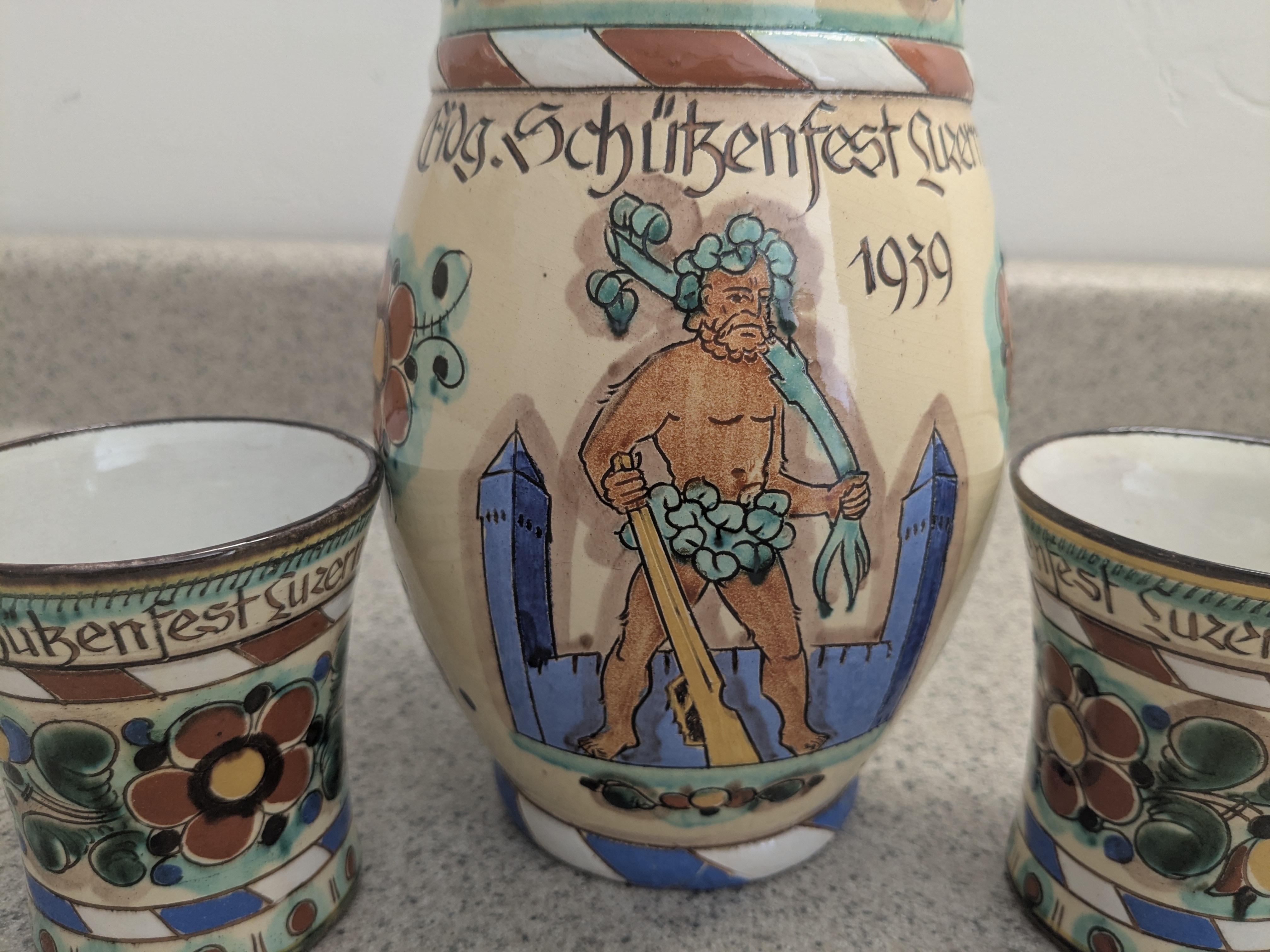 Wild Man Souvenir Beer/Water Pitcher with 2 matching drinking cups, 1939 Schutzenfest Luzern