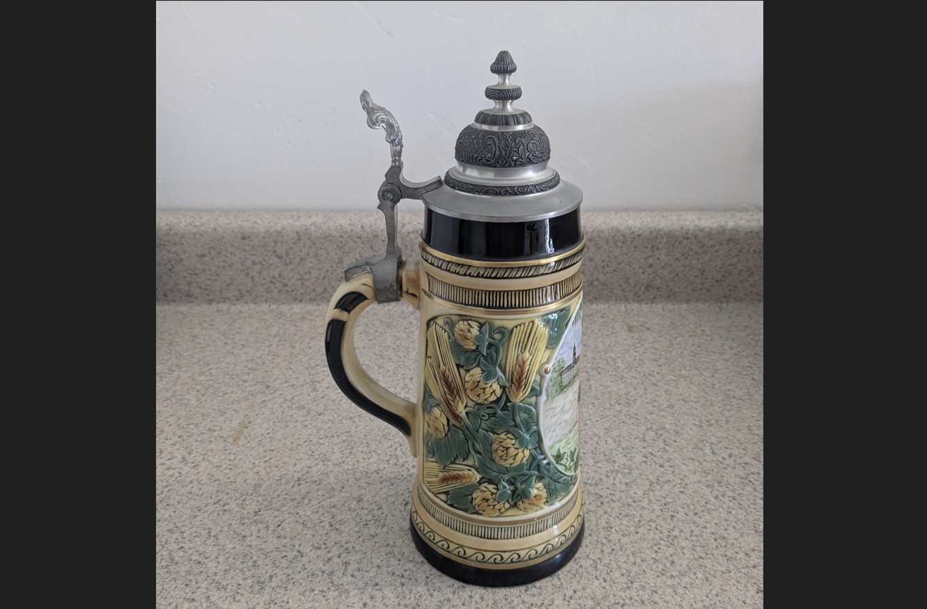 Wild Man Beer Stein, with Barley and Hops motifs, from Albert Stahl & Co.