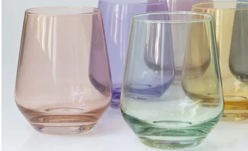 Set of 6 Estelle Stemless Wine Glasses, Coral Peach & Mint Green. New in box.