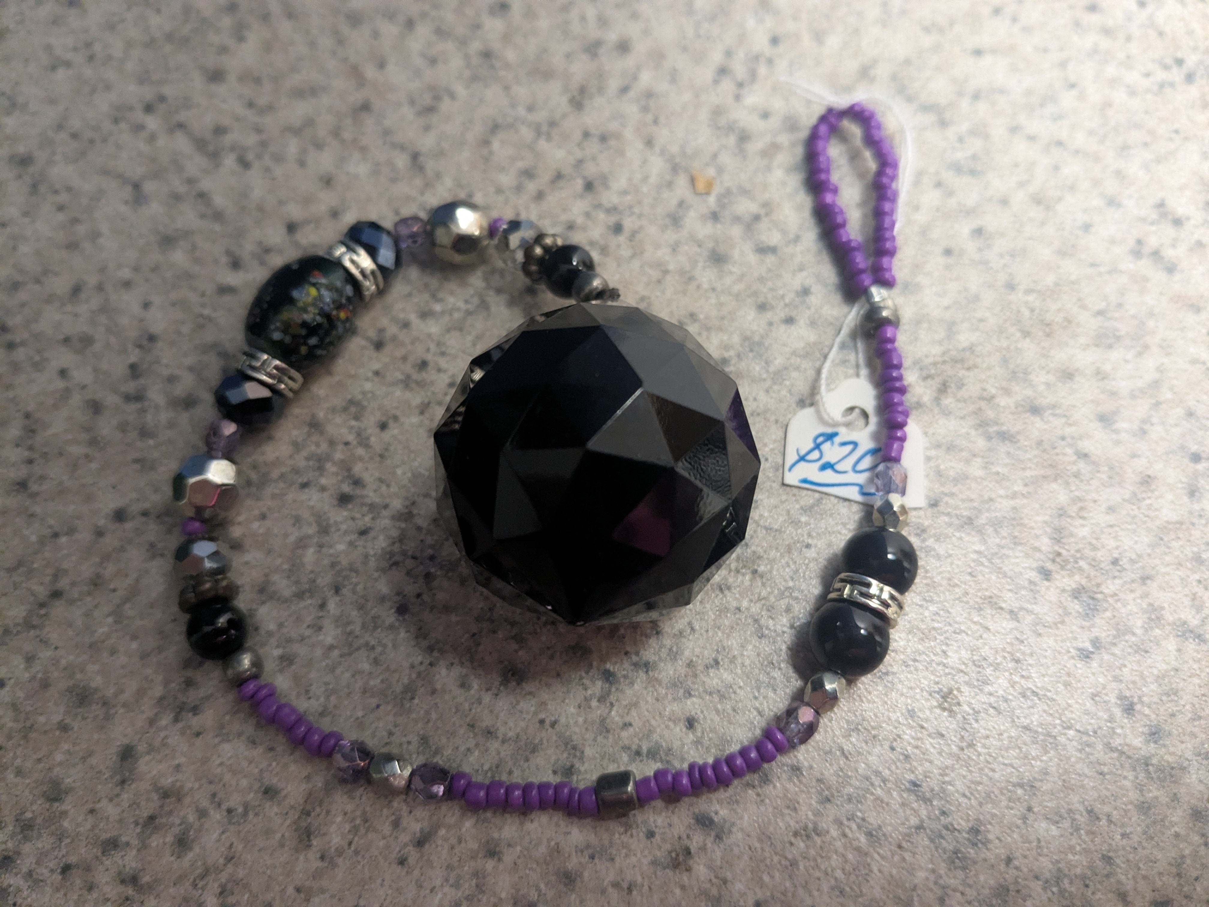 Black Pendant Drop on Crystal & Bead Lanyard
